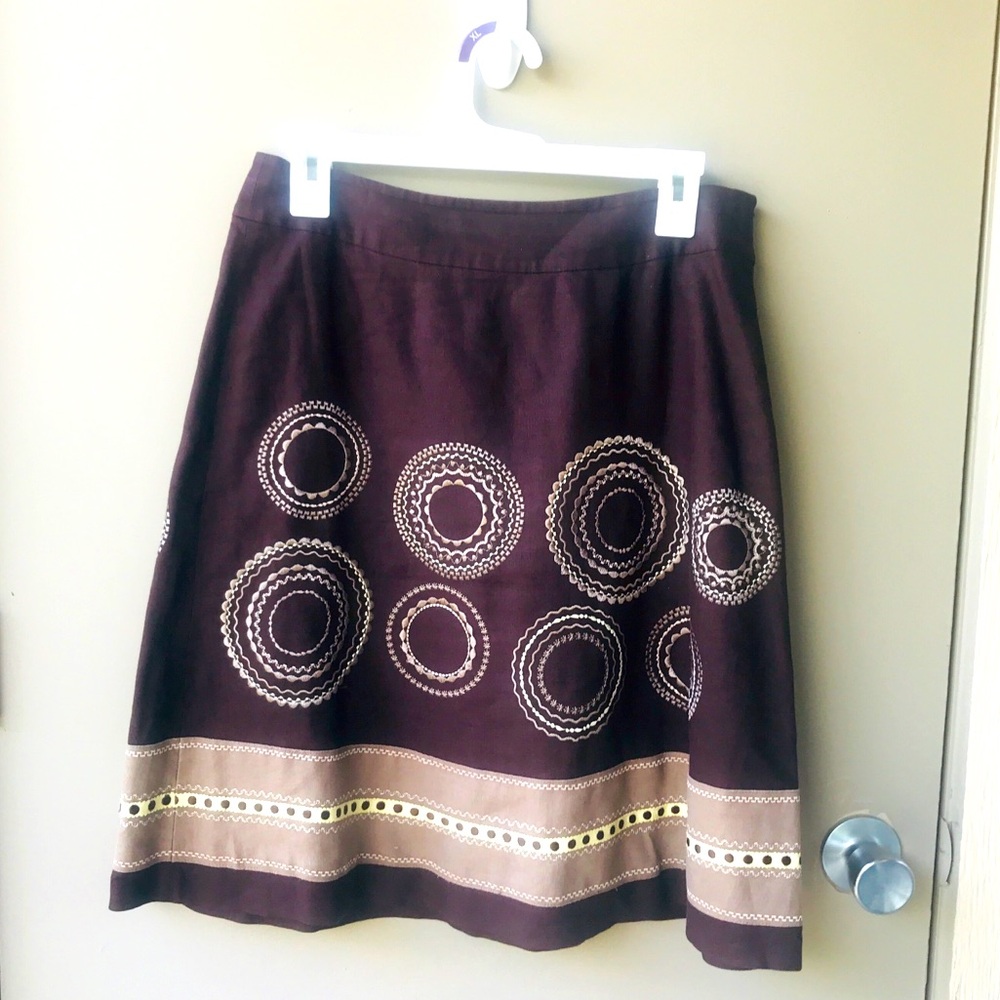 Talbots Petite Brown Linen Appliqué Full Skirt Size 8P